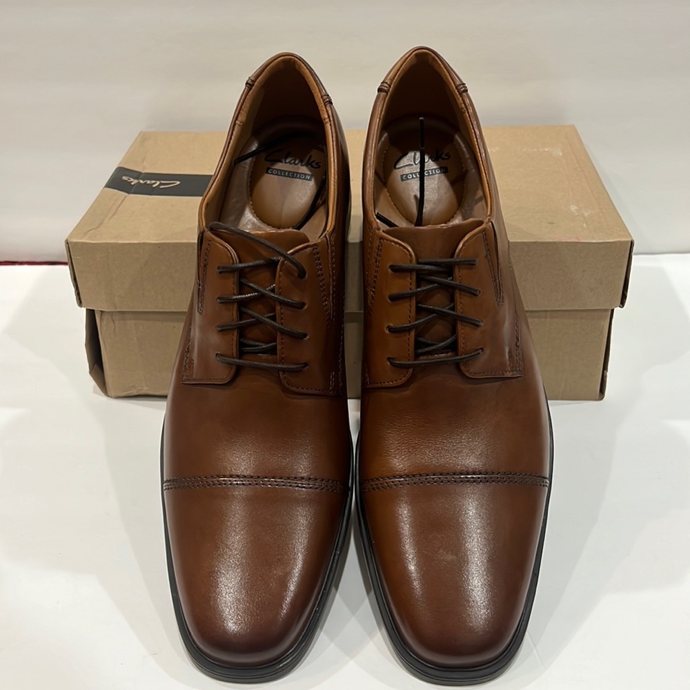 Clarks® Tilden Mens Leather Cap-Toe Dress Shoes 11.5;12;13 Dark Tan Leather NWB.